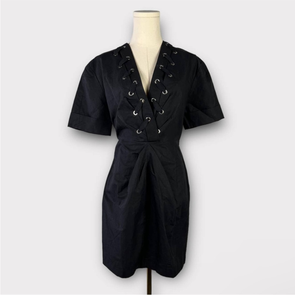 SANDRO | NWT Clara Lace-Up Black Cotton Linen Mini Dress NEW